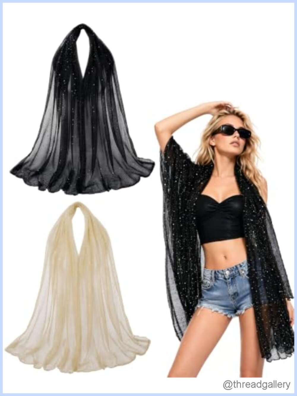 2 Pack Sequin Rave Scarfs for Women, Sheer Mesh Sparkly Shawls & Wraps